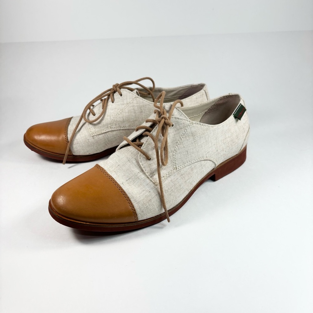 Bass‎ Womens Loafers Evelyn Size 8 M Tan Canvas Brown leather Retro Oxfords